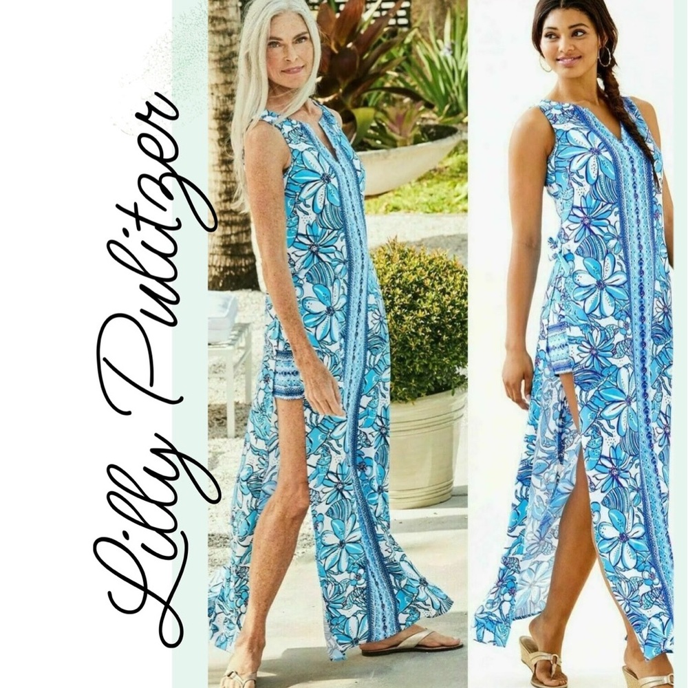 NWT Lilly Pulitzer Donna Maxi Romper Succulent Blue Pop Up Coronado Crab Size 16